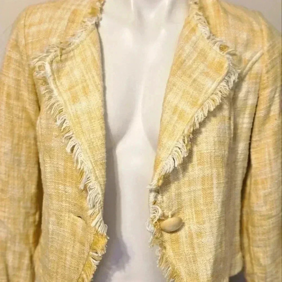 CAbi Yellow Daisy Statement Tweed Fringe Cropped Jacket Medium Style 339 Small - Picture 4 of 10